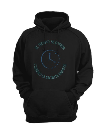 Sudadera negra con texto en azul sobre el tiempo y la importancia de aprovecharlo.